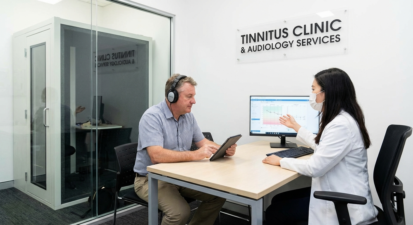 Audiologist consulting with a patient in a calm clinic environment, explaining tinnitus retraining therapy using a brain diagram on a tablet screen