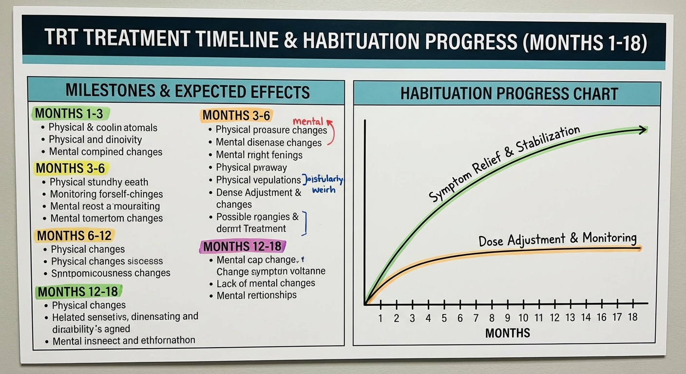 Timeline infographic showing TRT progress milestones from month 1 through month 24, with habituation stages marked