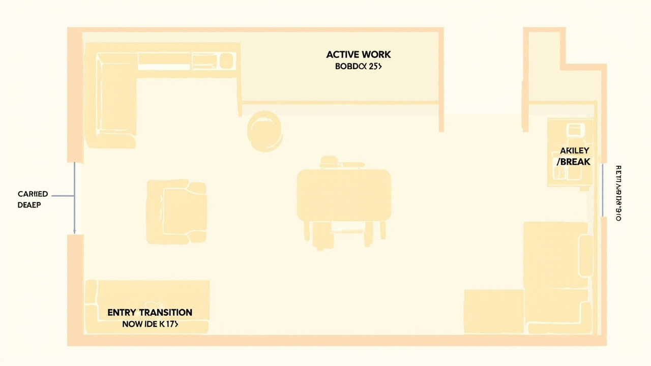 ADHD home workspace setup with three zones: focus desk, movement area, and reset corner