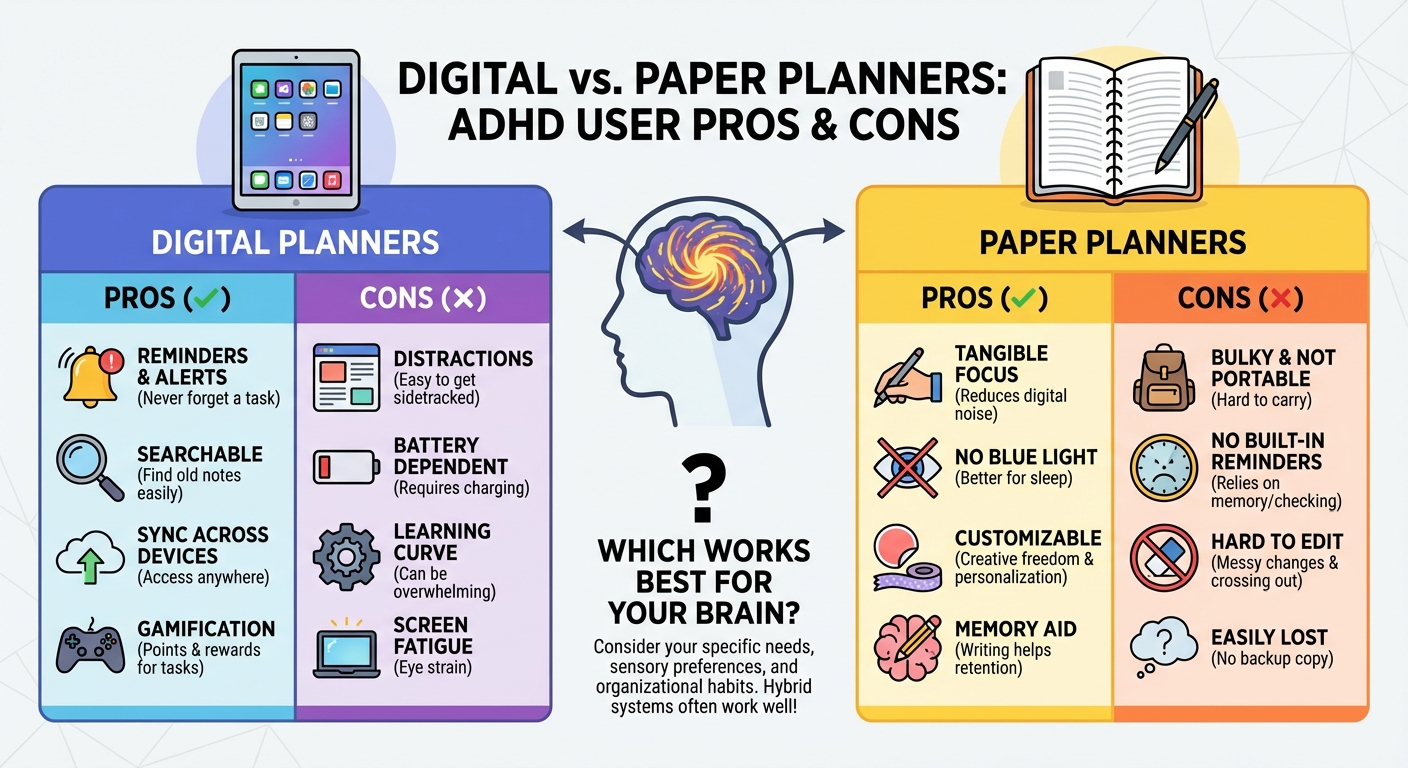 Digital vs paper planner comparison for ADHD — pros and cons