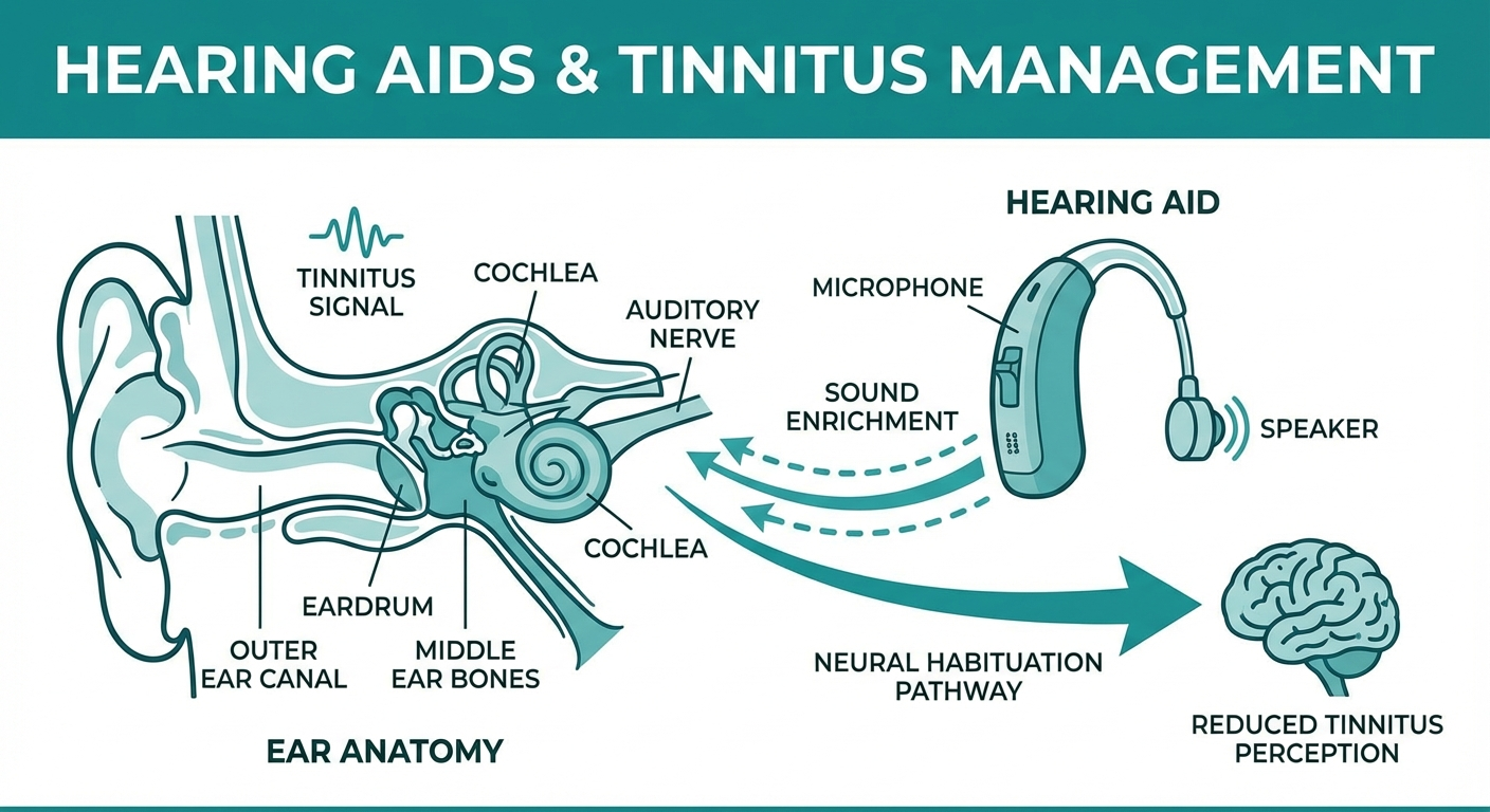 Medical infographic showing how hearing aids help with tinnitus through sound enrichment and neural habituation pathways