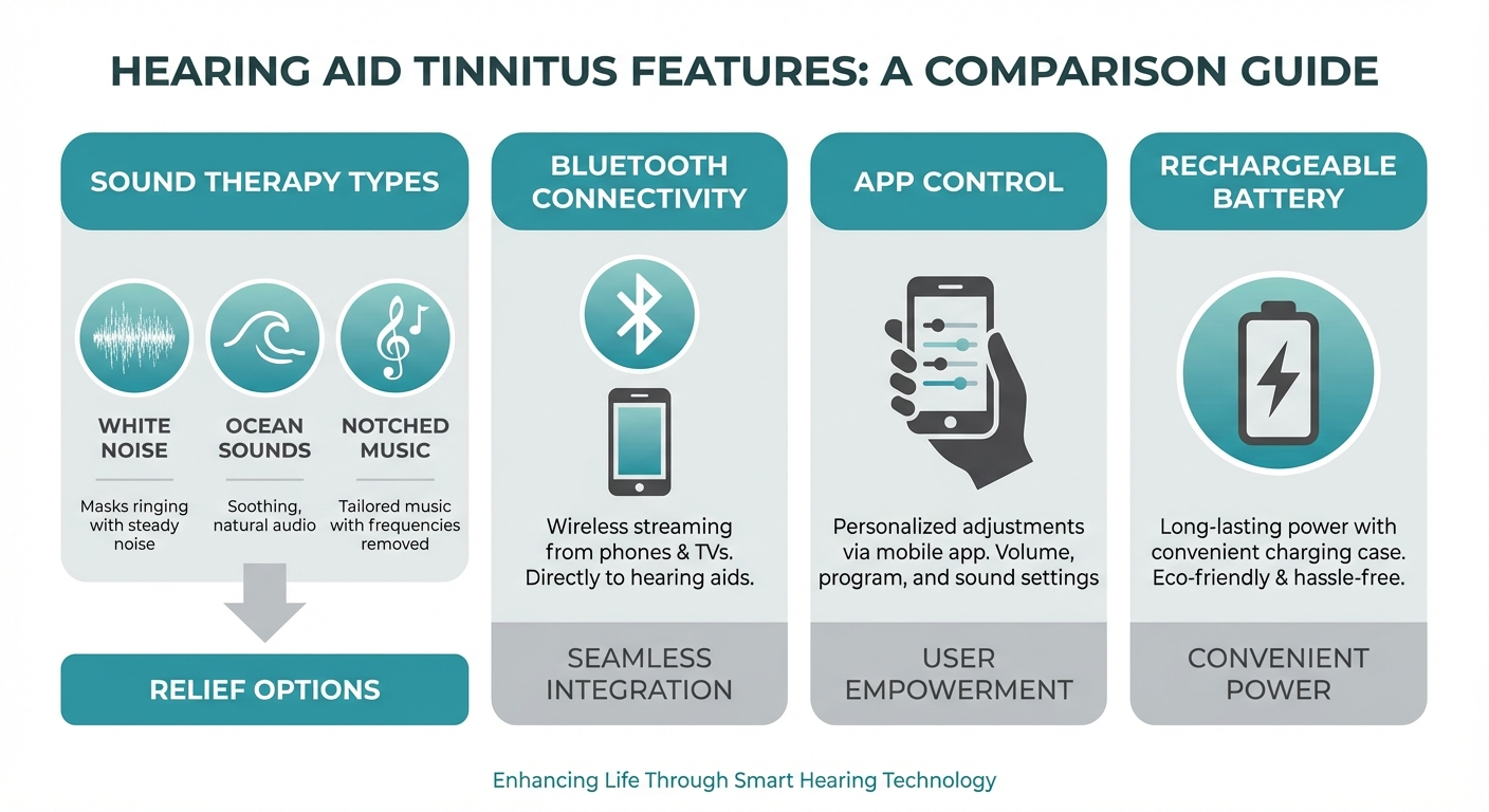 Educational infographic comparing hearing aid tinnitus features including sound therapy types, Bluetooth connectivity, app control, and rechargeable battery