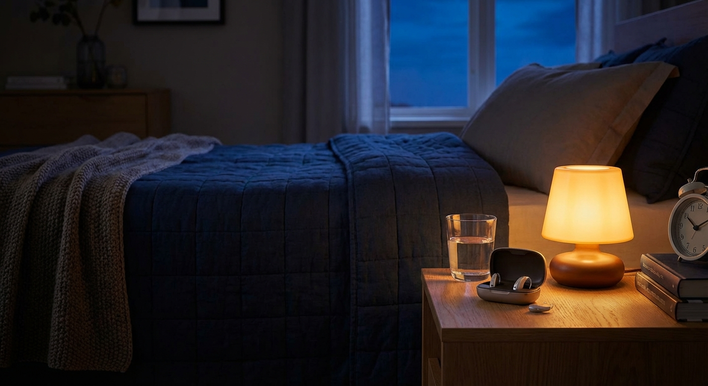 Peaceful bedroom at night with a hearing aid on the nightstand, suggesting nighttime tinnitus relief