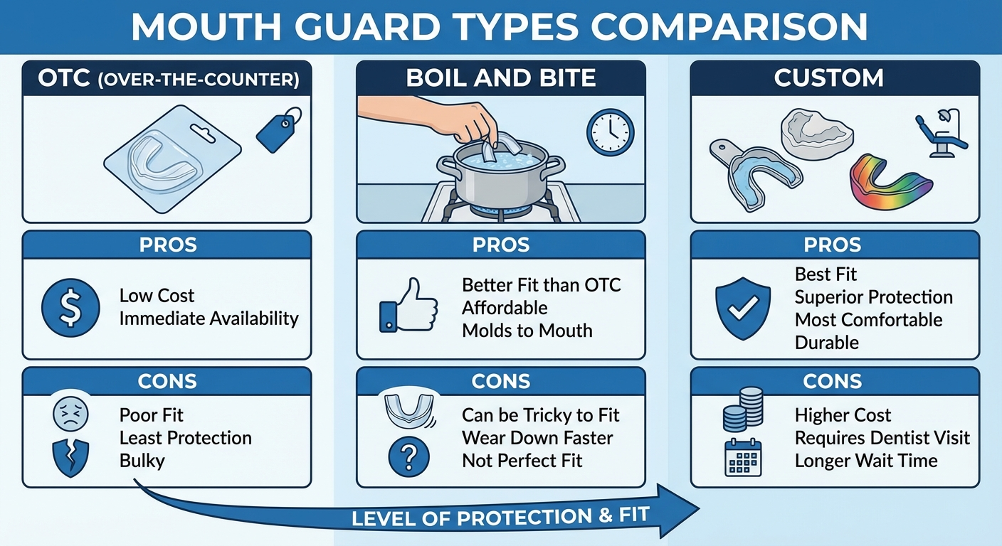 [comparison infographic showing types of mouth guards - boil and bite,