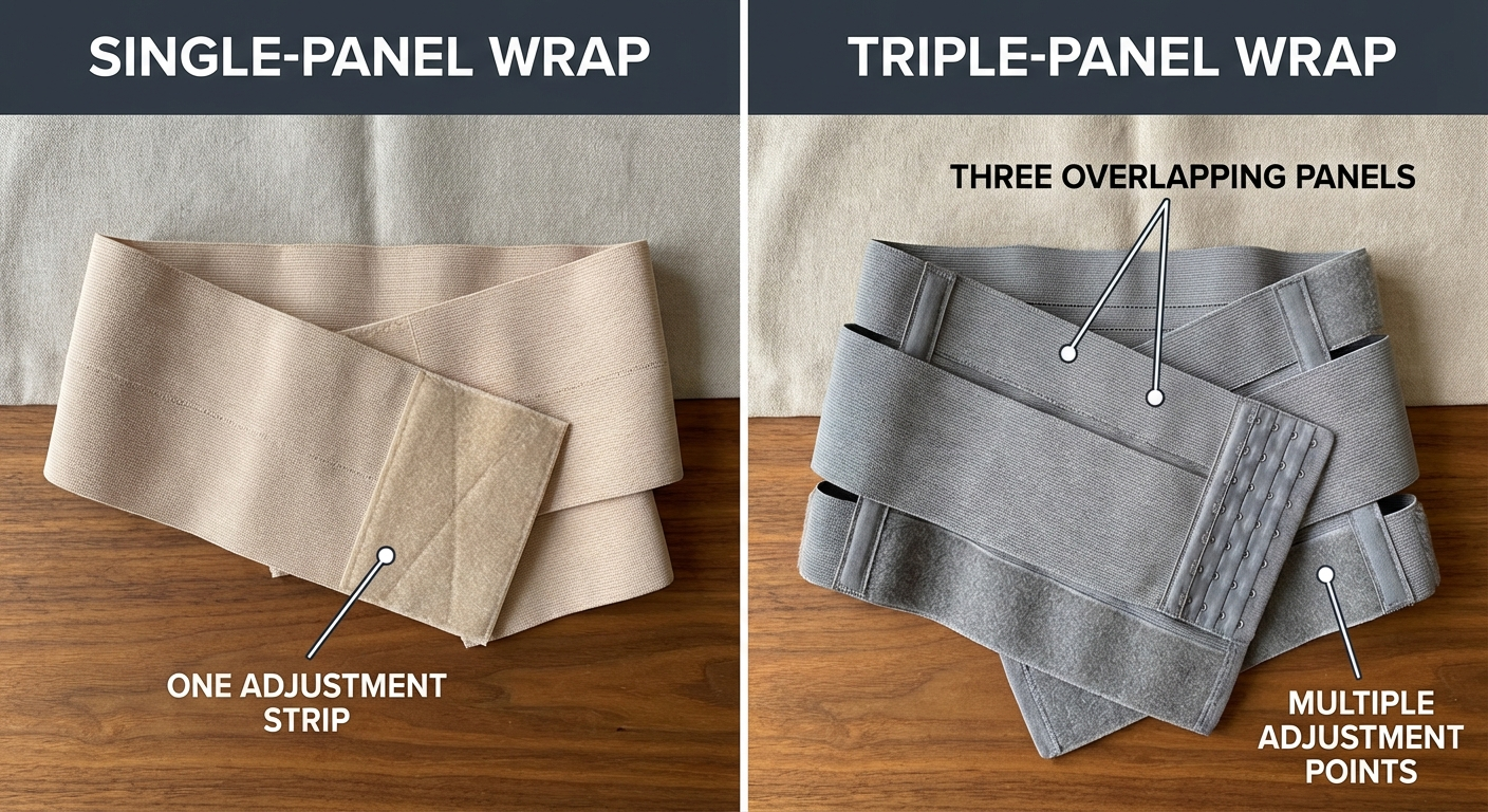 Side-by-side comparison photo of a single-panel belly wrap versus a tr