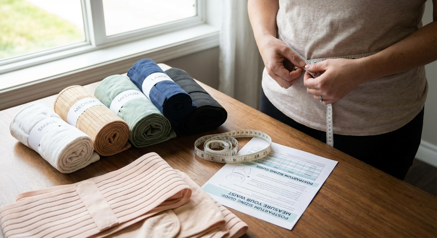 Photo of postpartum belly wraps neatly arranged on a table next to a m