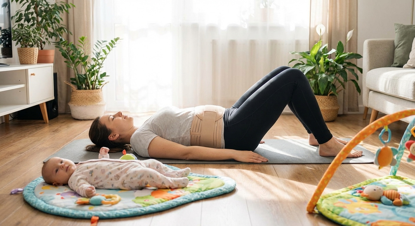 New mother doing gentle postpartum core exercises with support belt on