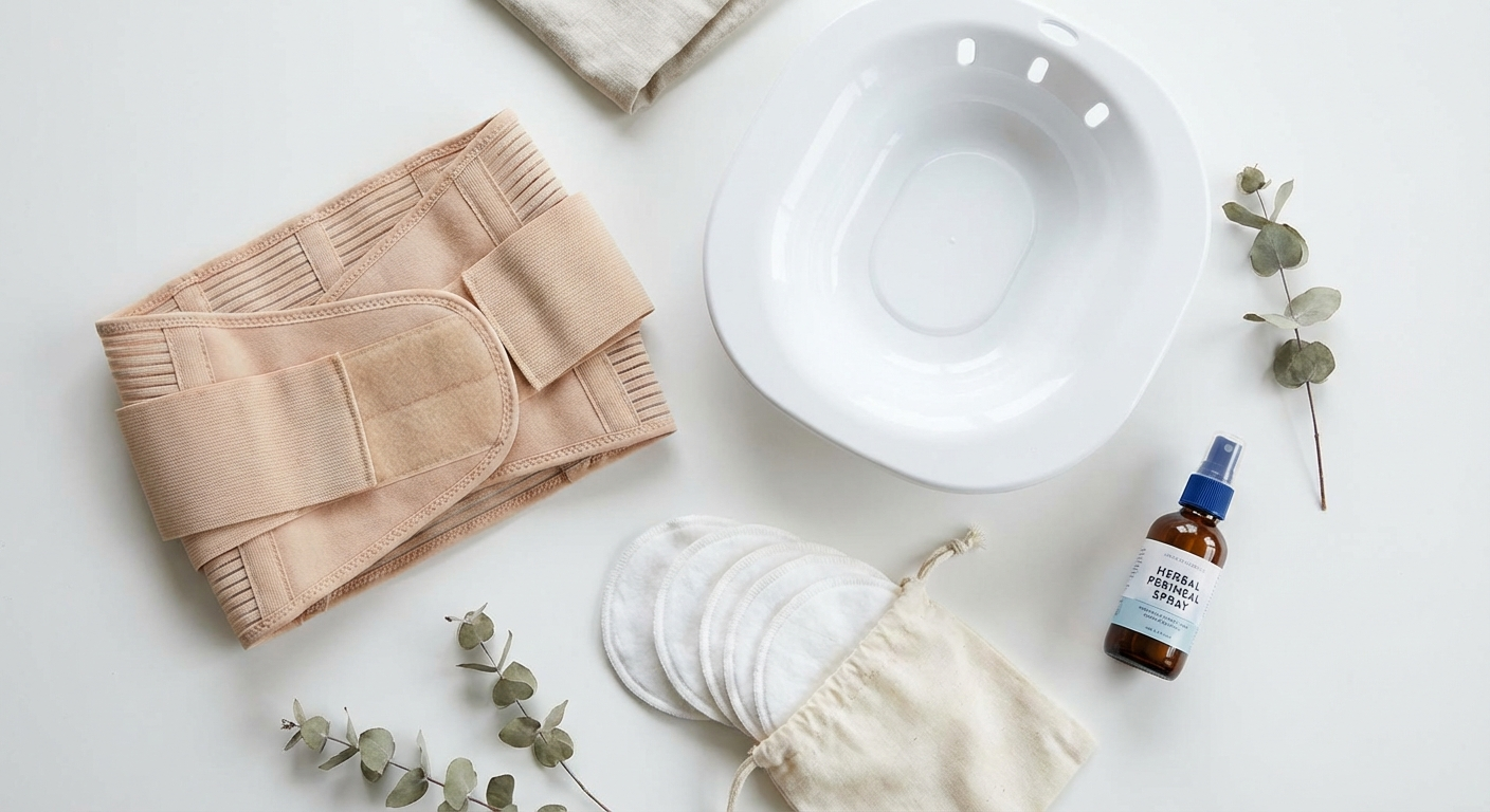 Postpartum care kit laid out: support belt, sitz bath, nursing pads, perineal spray