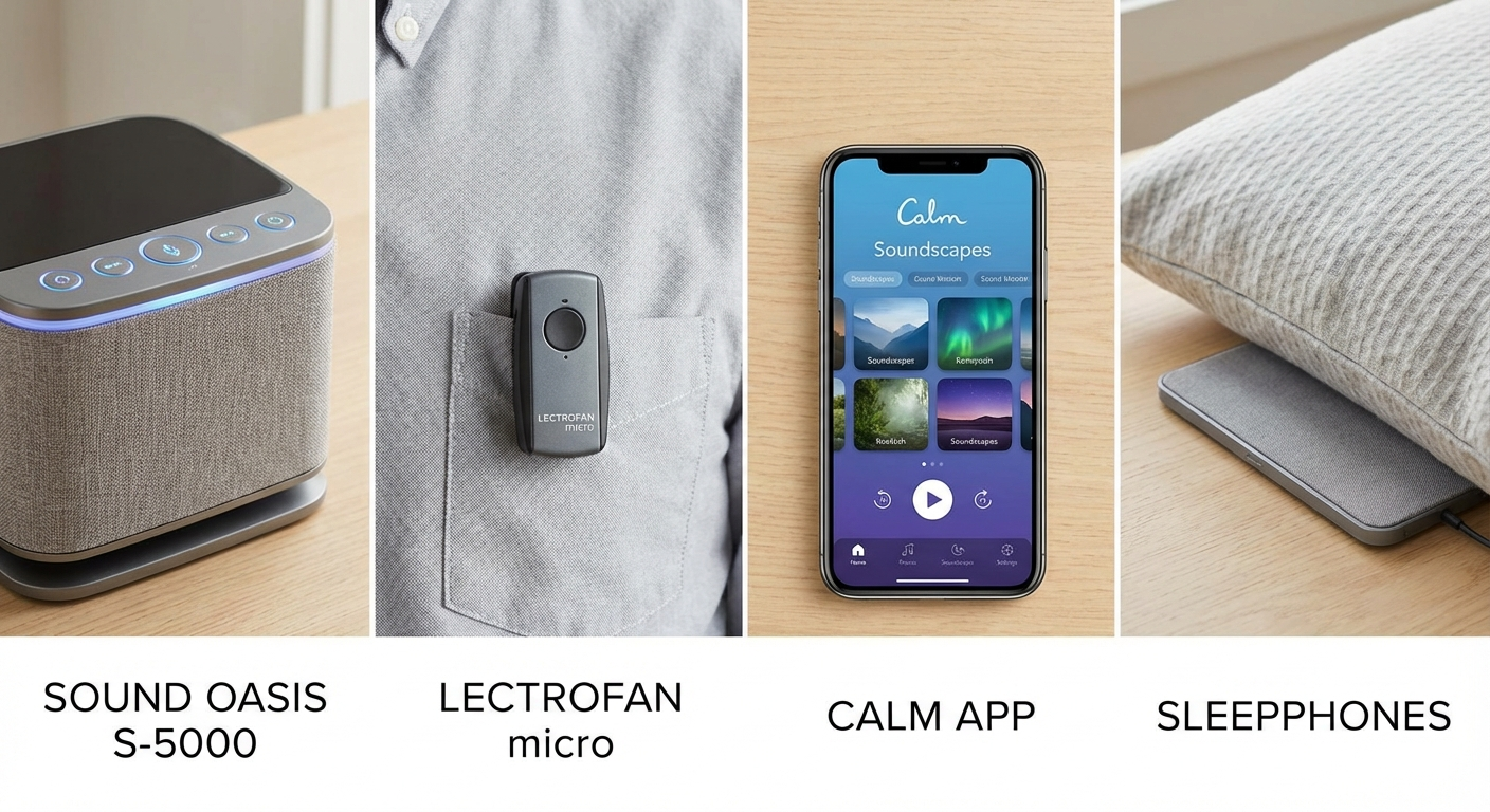 LectroFan EVO sound machine on a bedroom nightstand