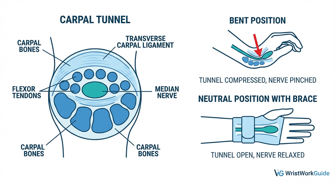 Medical infographic: Infographic showing a cross-section of the wrist and carpal tunnel, la