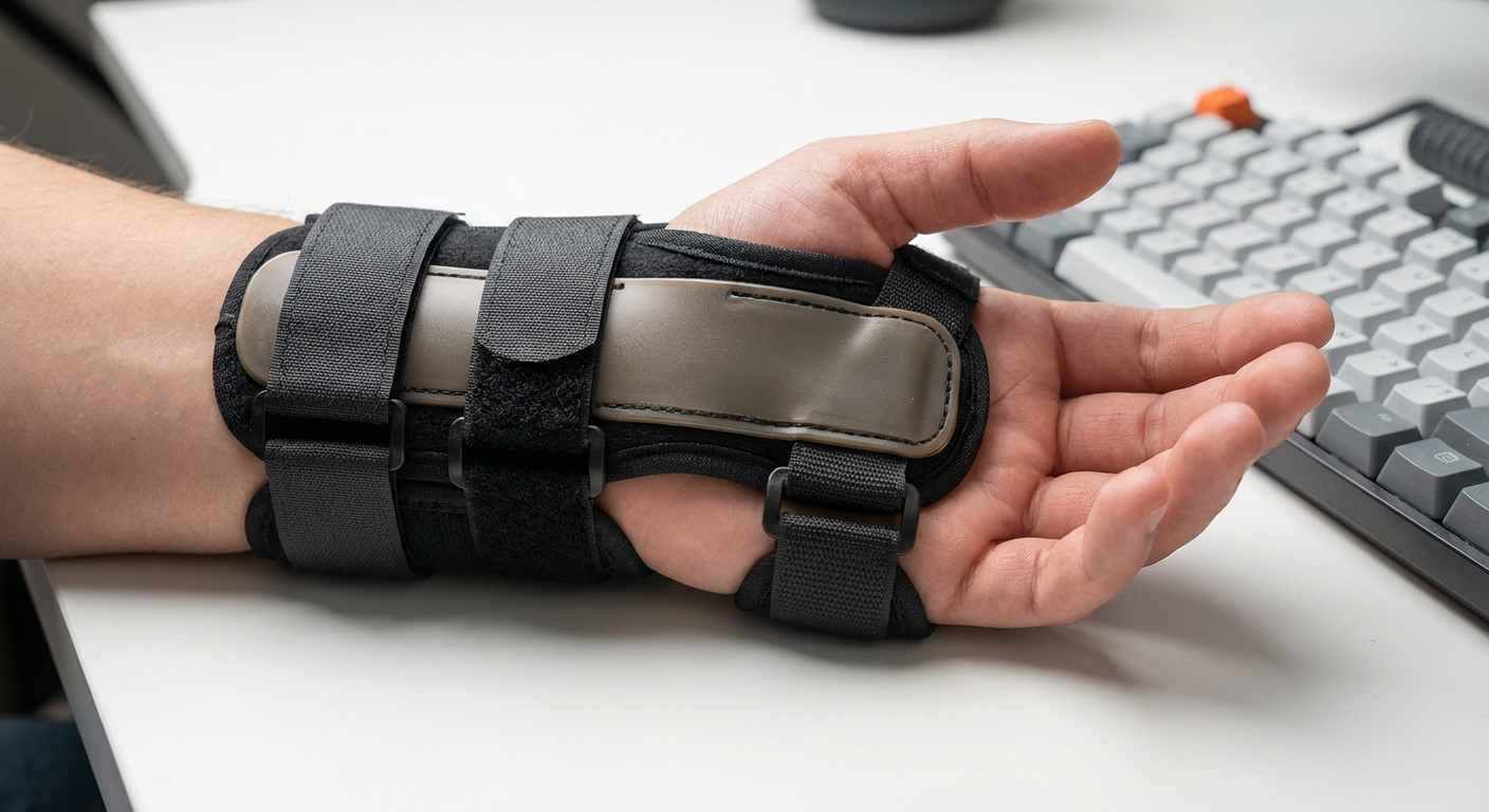 Close-up product photograph of a wrist brace on a person's hand, showi