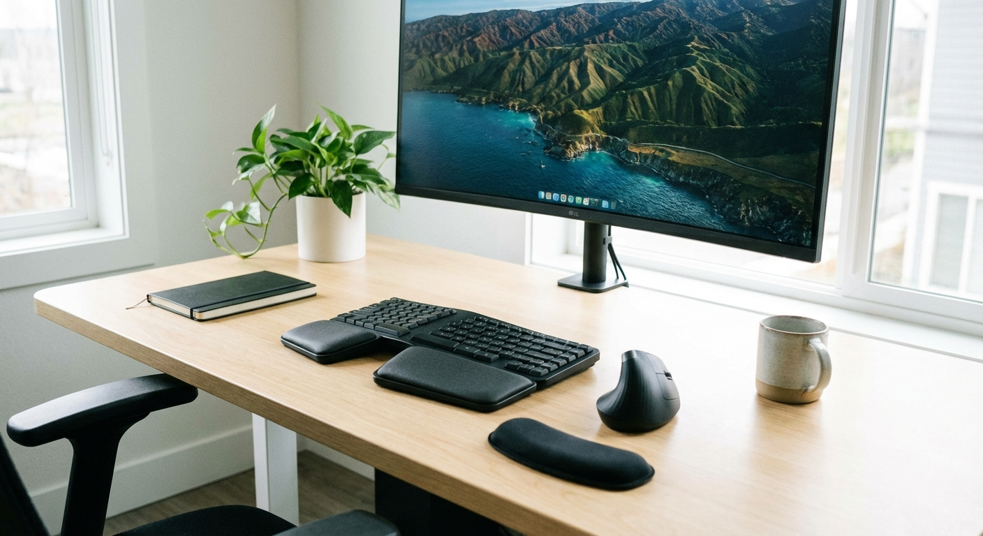 Ergonomic keyboard and vertical mouse setup for carpal tunnel prevention