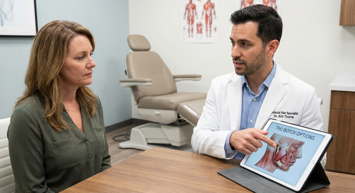Patient consulting with orofacial pain specialist before Botox TMJ injection treatment