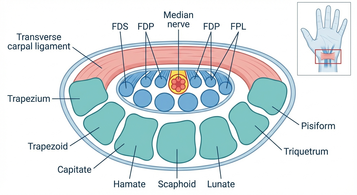 Medical infographic: An anatomical cross-section diagram of the carpal tunnel in the wrist,