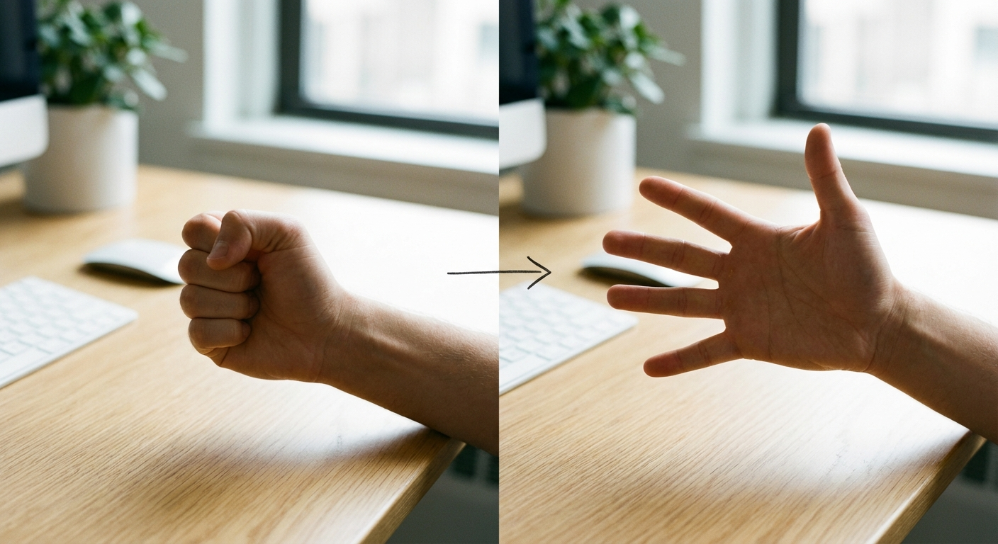 A close-up photograph of a hand performing the fist-to-fan exercise at