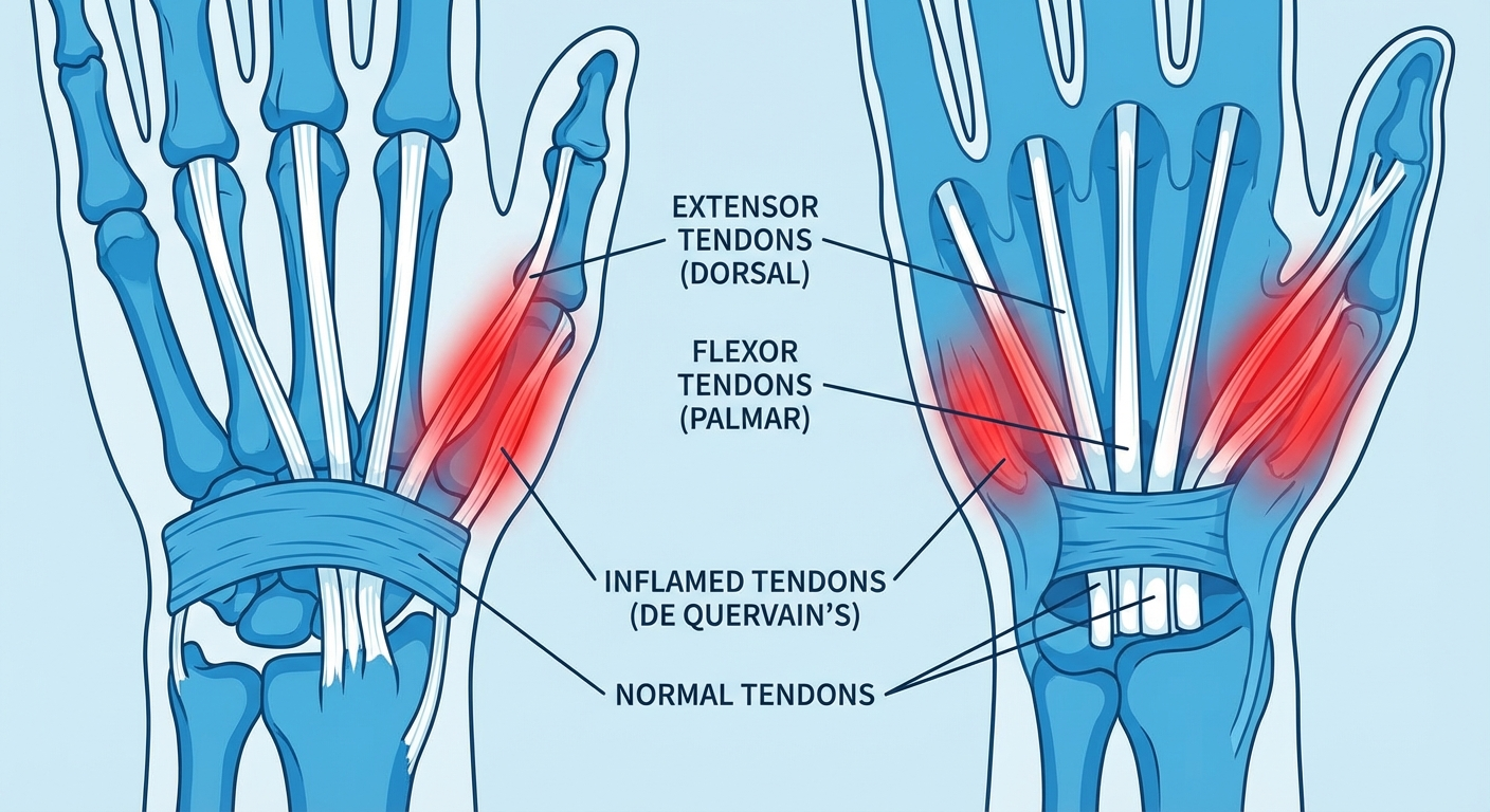 Anatomical illustration of the wrist showing the major tendons (extens