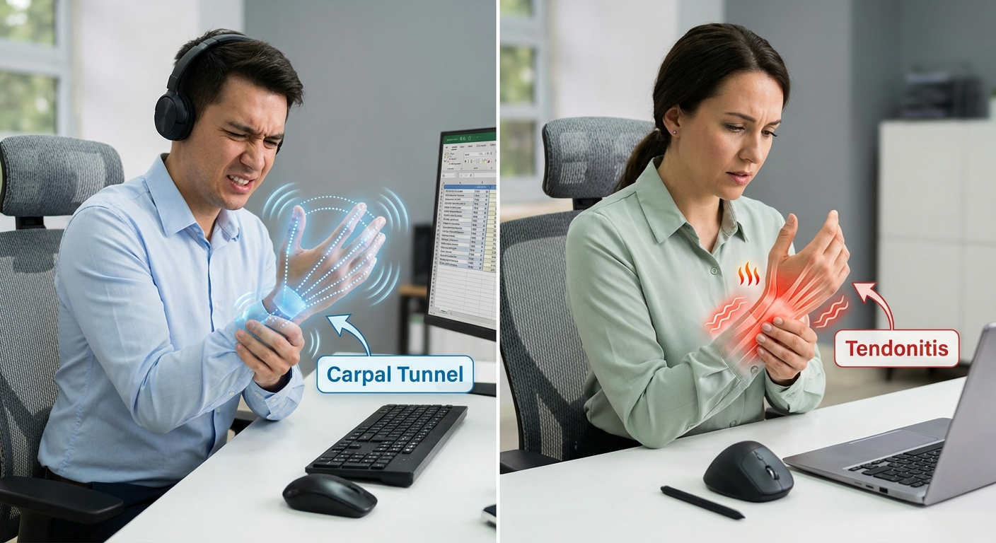 Split-screen comparison image showing two office workers at their desk