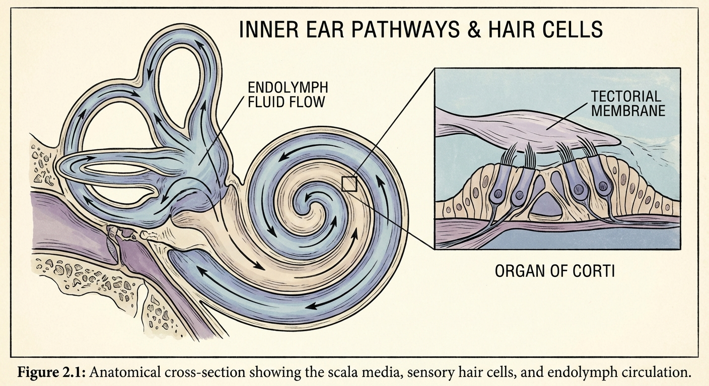Anatomical diagram of the inner ear showing cochlea, hair cells, and endolymph fluid pathways