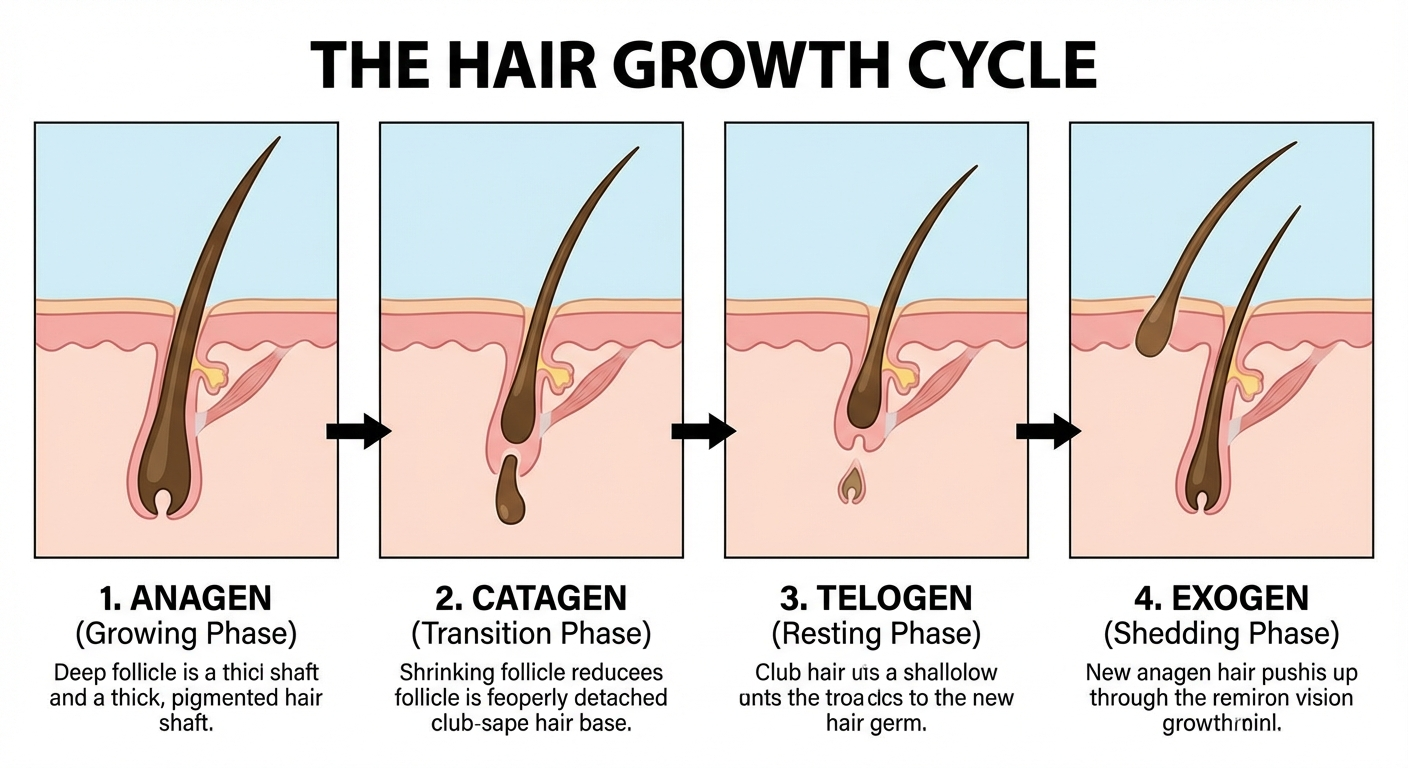 Diagram showing the four phases of the hair growth cycle: anagen, catagen, telogen, exogen