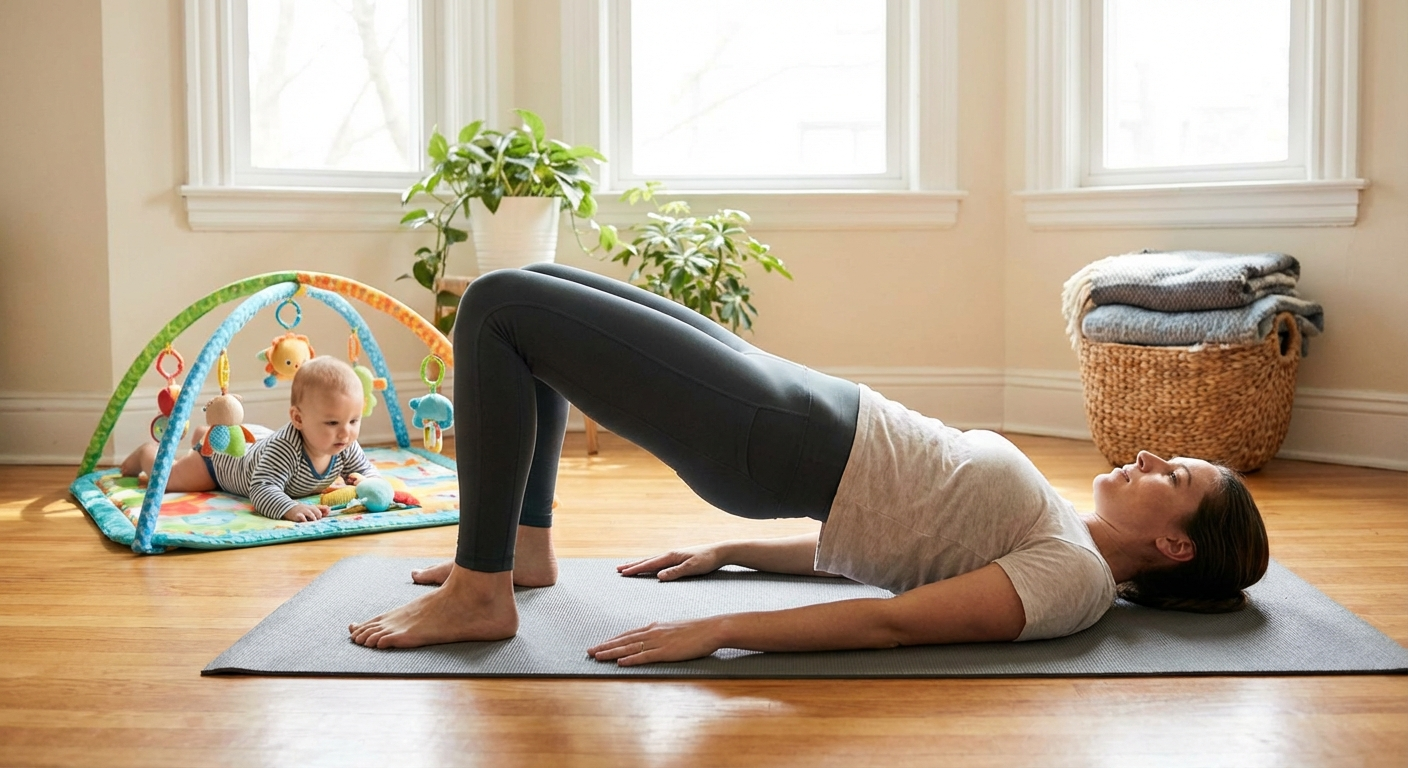 Contextual image of a postpartum woman performing a glute bridge exerc