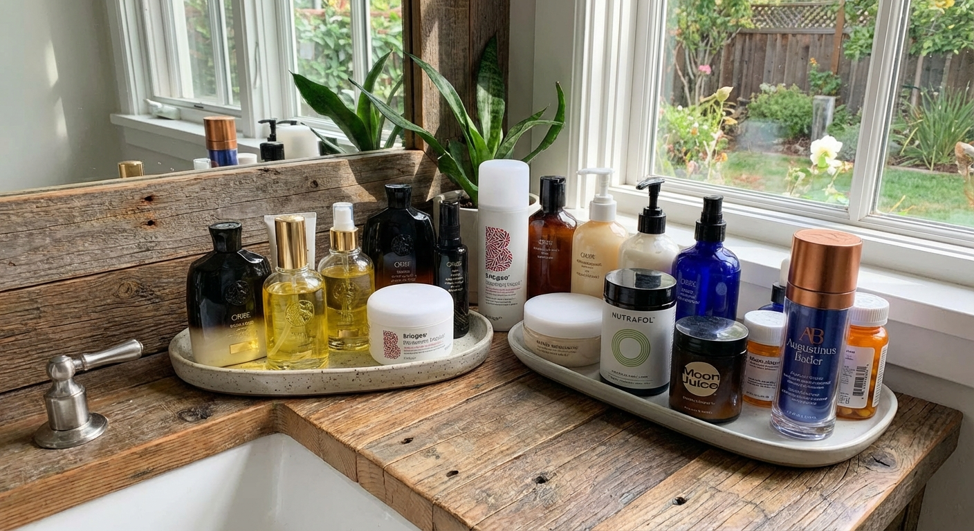 Array of hair treatment products and supplements arranged on a bathroom counter
