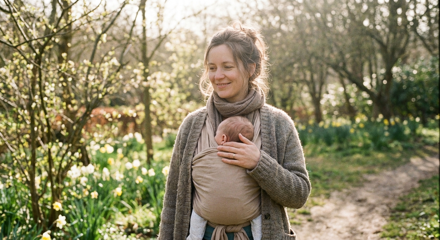 A photograph-style image of a mother gently walking outdoors in a park