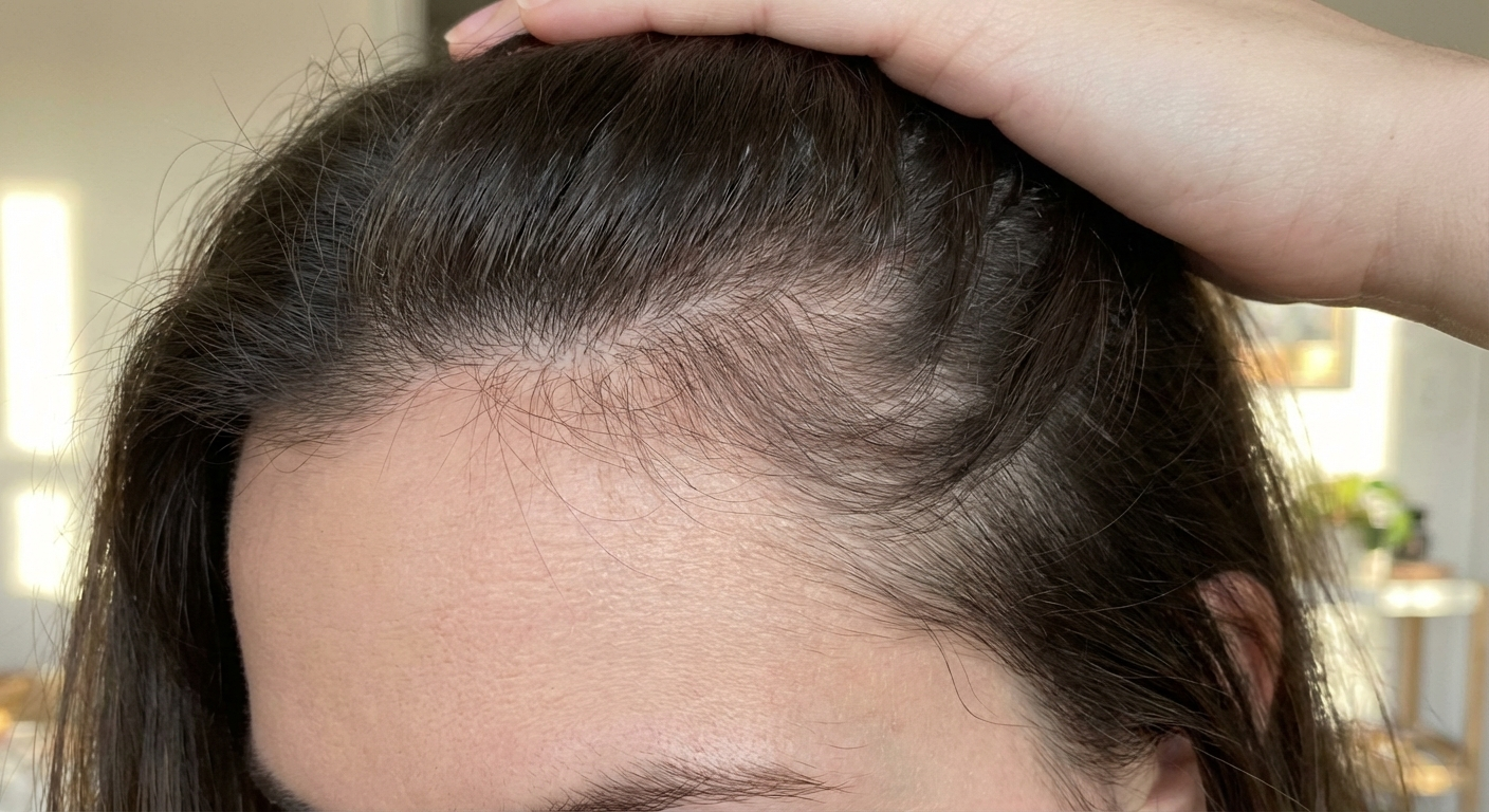 Close-up of postpartum regrowth baby hairs along the hairline