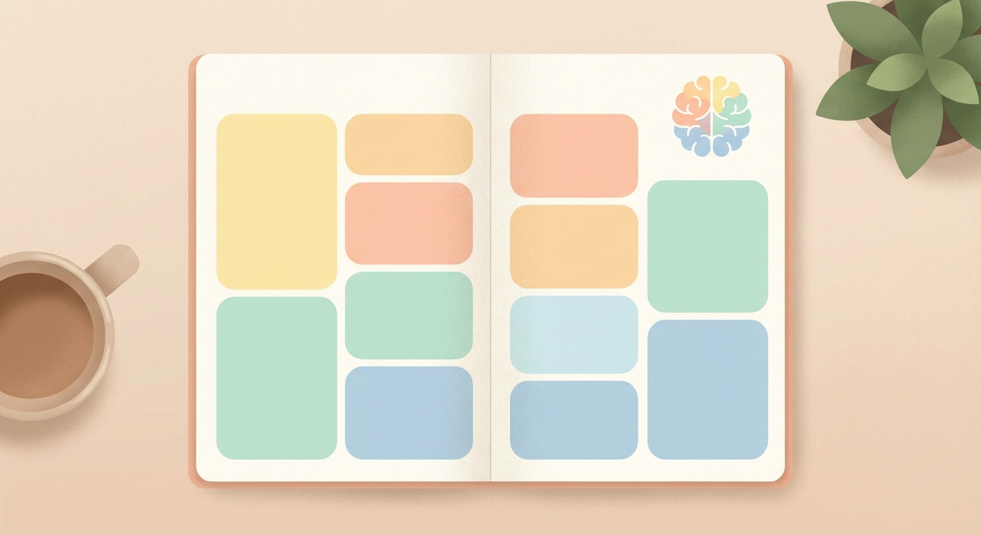 A clean, modern illustration of a daily planner divided into colorful time blocks with a brain icon