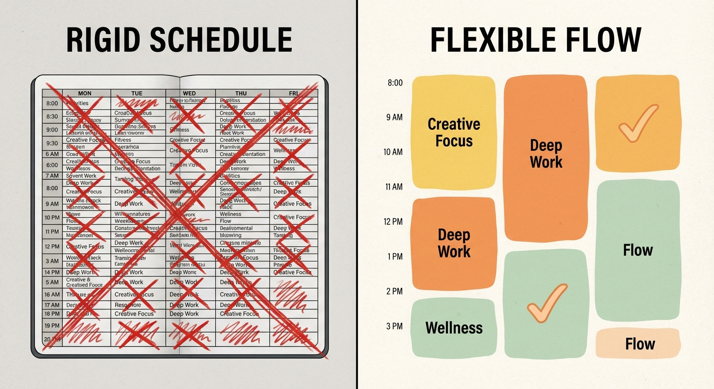 Split-screen illustration showing a rigid schedule with red X marks versus a flexible time block layout with checkmarks