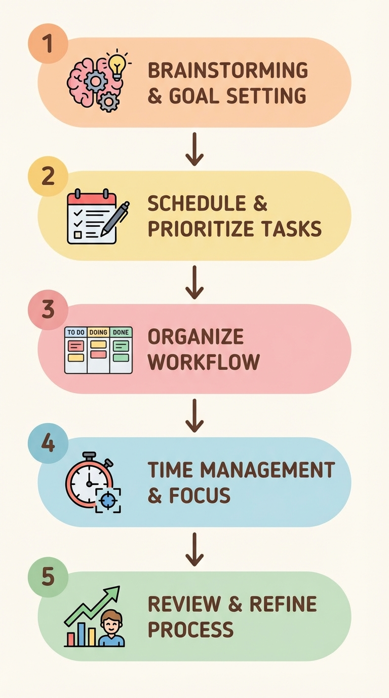 Step-by-step visual guide showing five numbered steps with icons for brain, clock, calendar, pencil, and checkmark