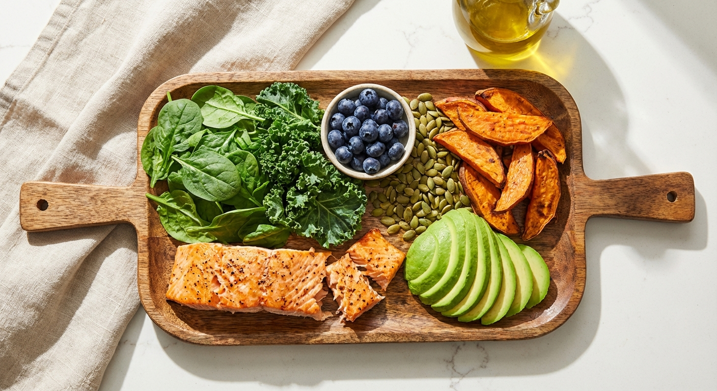 Colourful spread of tinnitus-friendly foods: salmon, leafy greens, blueberries, pumpkin seeds, avocado, and sweet potato on a wooden board