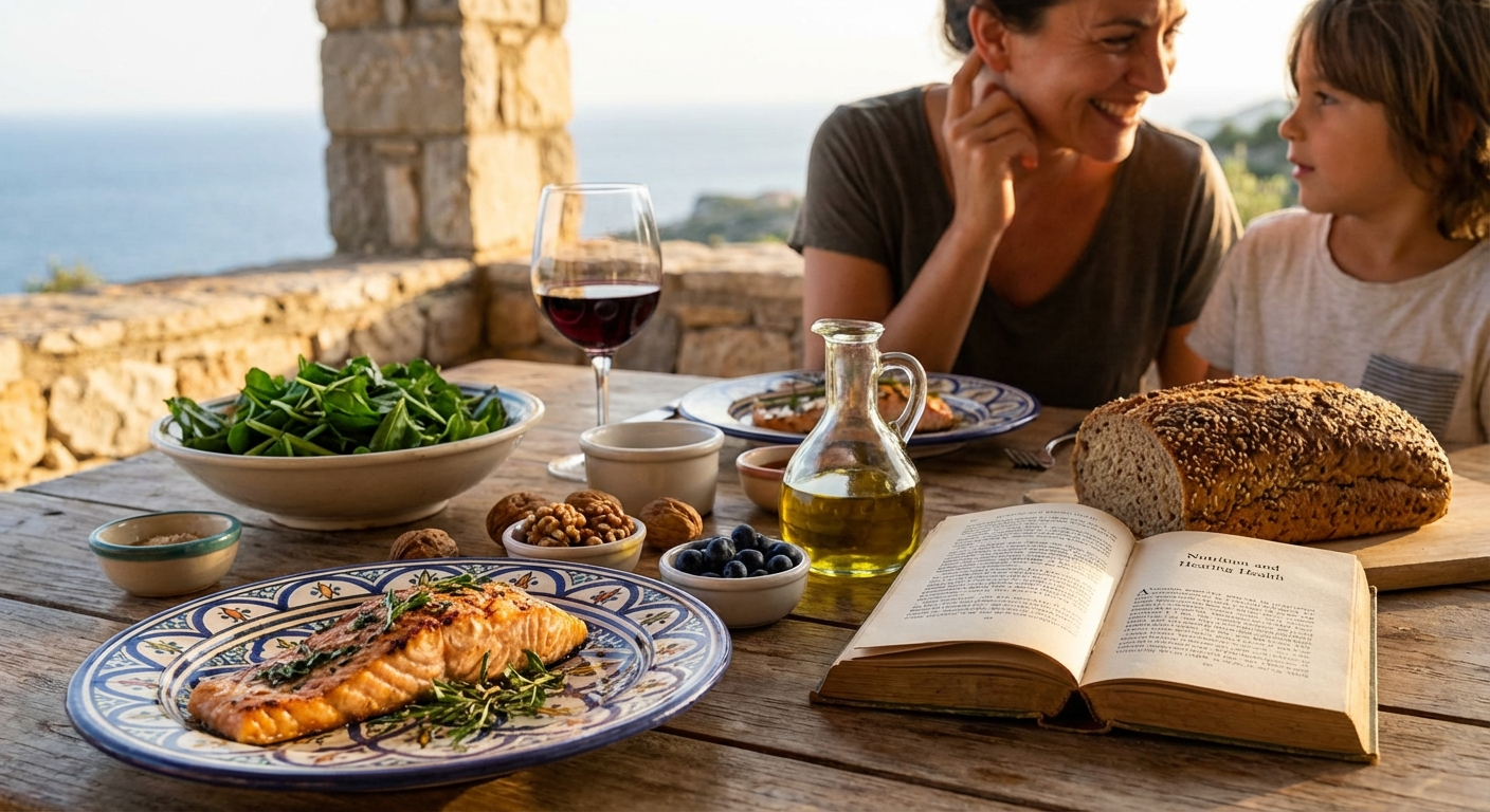 Contextual photograph of a colorful, healthy Mediterranean-style meal 