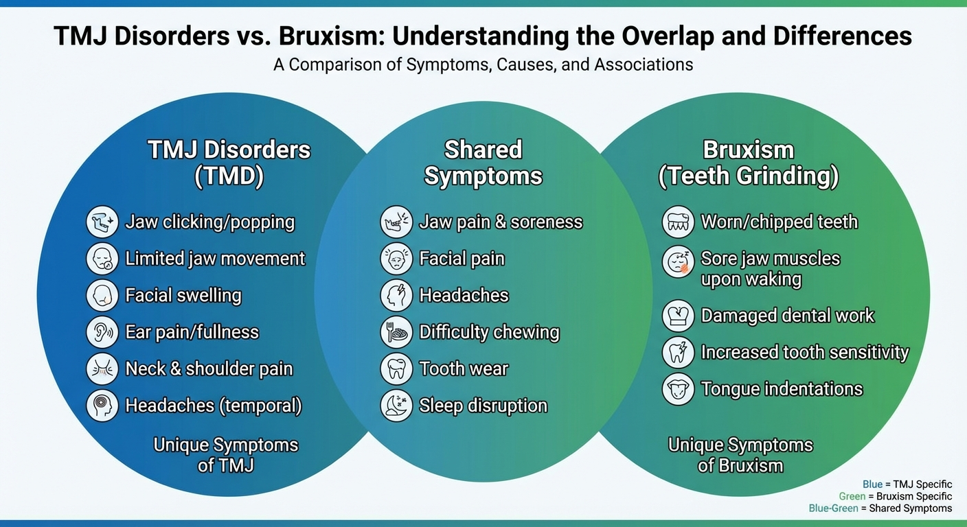 [Venn diagram infographic showing TMJ vs bruxism overlap - shared symp