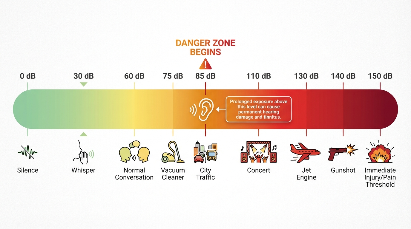 A horizontal decibel scale infographic ranging from 0 dB to 150 dB. In